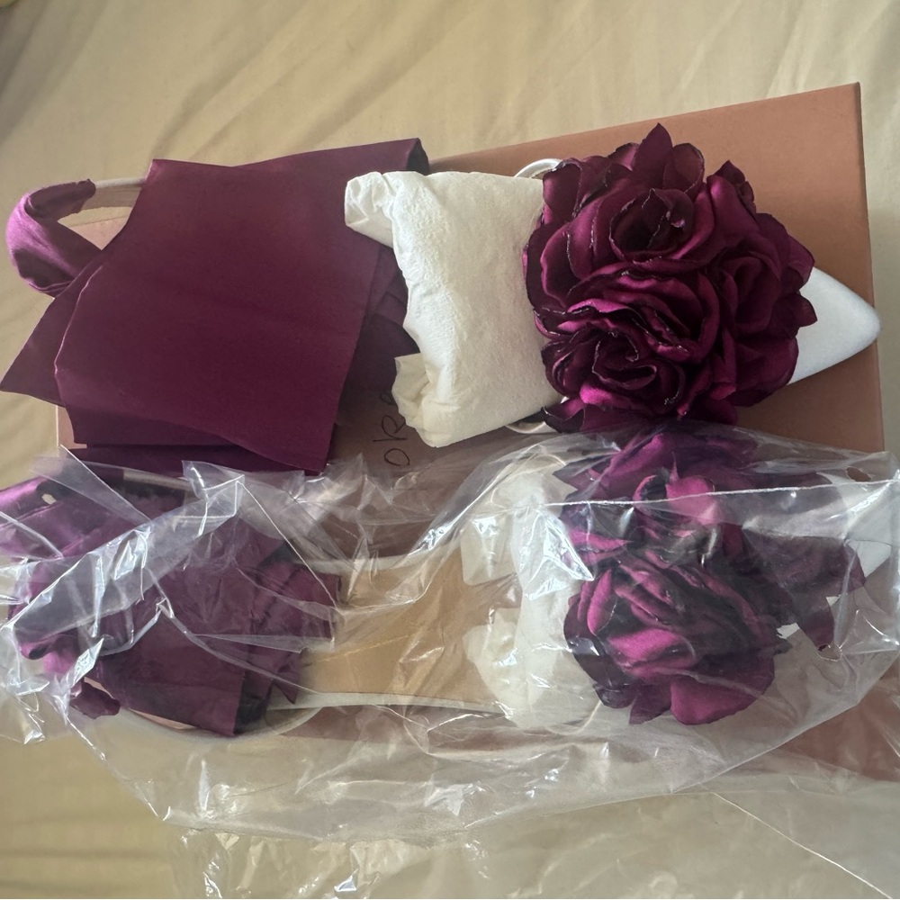 White and Dark Burgundy flower slingback tie flats